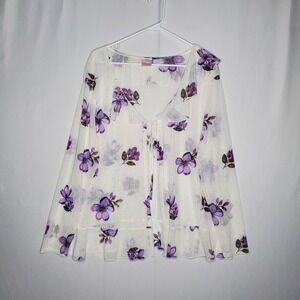 Luna Mesh Sequin Floral Tie Front Overlay Cardigan Women 1X Purple Floral
